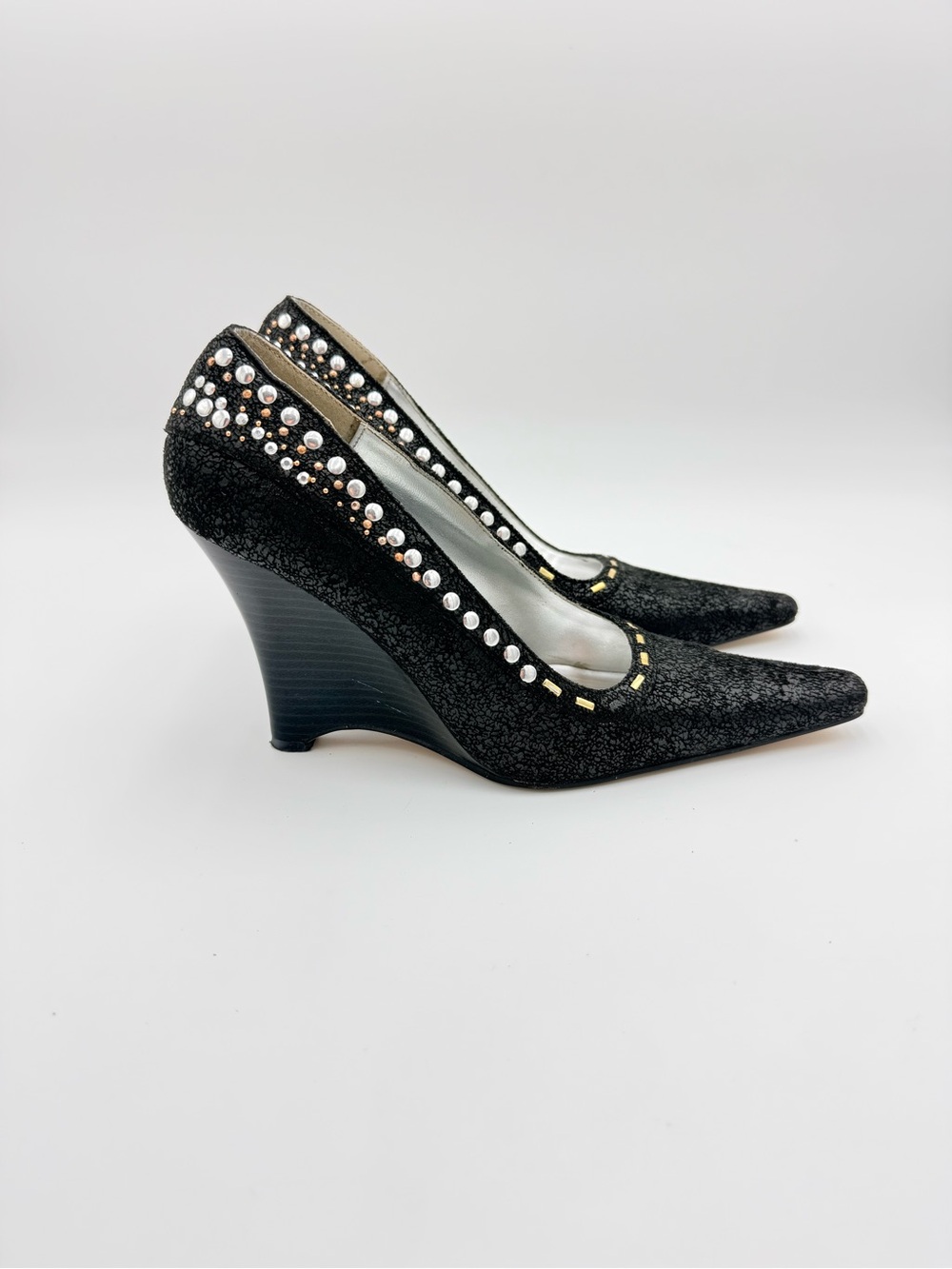 Anne Michelle Black Jeweled Wedge Pumps